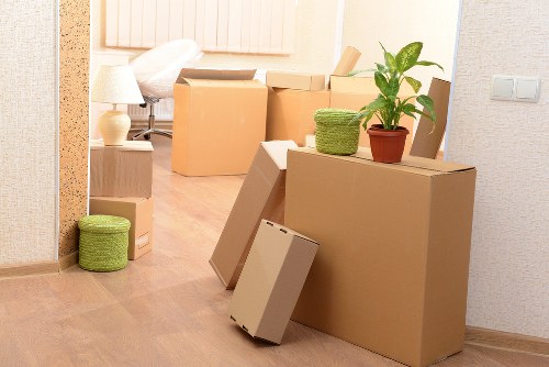 Prepared boxes and dismantled furniture for a flat move in Rotherhithe
