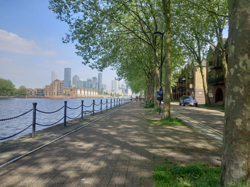A cityscape featuring a row of modern multi-storey residential buildings situated along a waterway in Rotherhithe. The buildings are constructed with brick and glass, varying in height and design, with some featuring balconies and rooftop structures. The foreground shows a calm river reflecting the buildings, while the sky above is partly cloudy with a warm, golden light suggesting early morning or late afternoon. Inside a property, partially visible, are cardboard boxes packed with household items, some wrapped in plastic or fabric for protection. Also visible are wooden furniture pieces and packing materials, with a trolley or moving straps nearby. Outside, a man from Man and Van Rotherhithe is engaged in the loading process, lifting a box onto a moving trolley, preparing for a home relocation or furniture transport. A white van with open doors is parked on the pavement, ready for transport, with the setting emphasizing professional moving and packing logistics within the context of house removals in Rotherhithe.